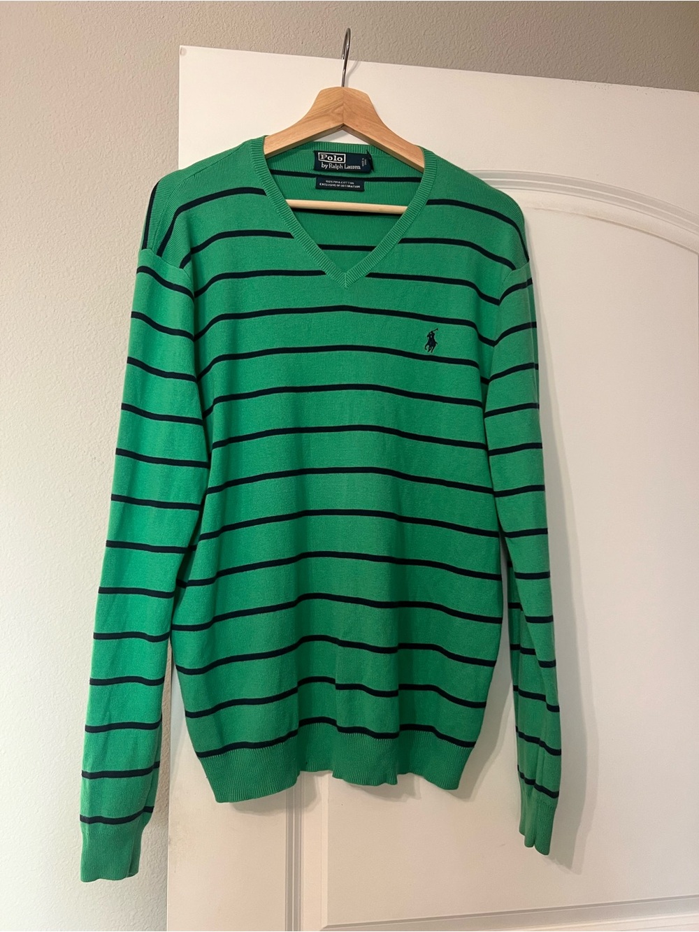 Vintage Men’s Polo by Ralph Lauren Green Striped V-Neck Sweater